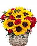 Roses and sunflowers - flower basket