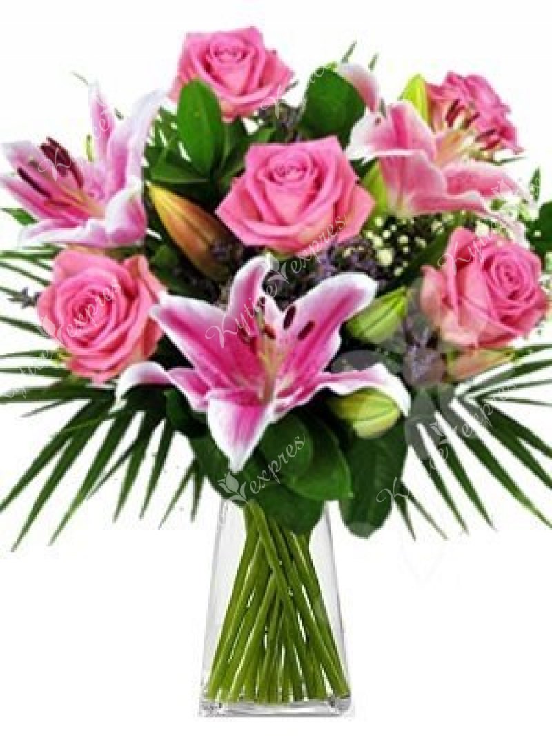 Pink combination of lilies and roses Pink