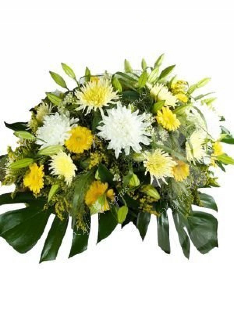 Yellow and white pinned mourning bouquet in holder 18